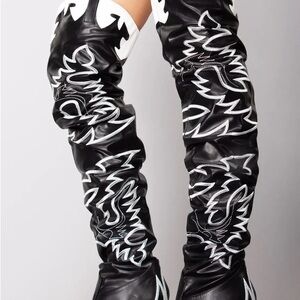 Black and White Embroidered Thigh-High Boots